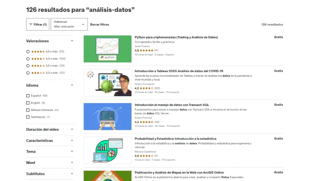 cursos gratuitos de análisis de datos en Udemy