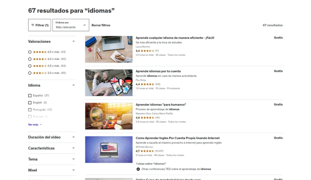 cursos gratuitos de idiomas en Udemy