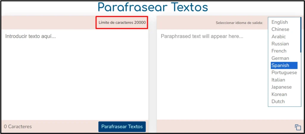 Parafraseartextos interfaz